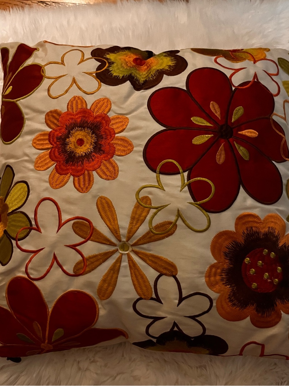 Pier 1 Floral Embroidered Decorative Pillow - Bold Red & Orange Flowers